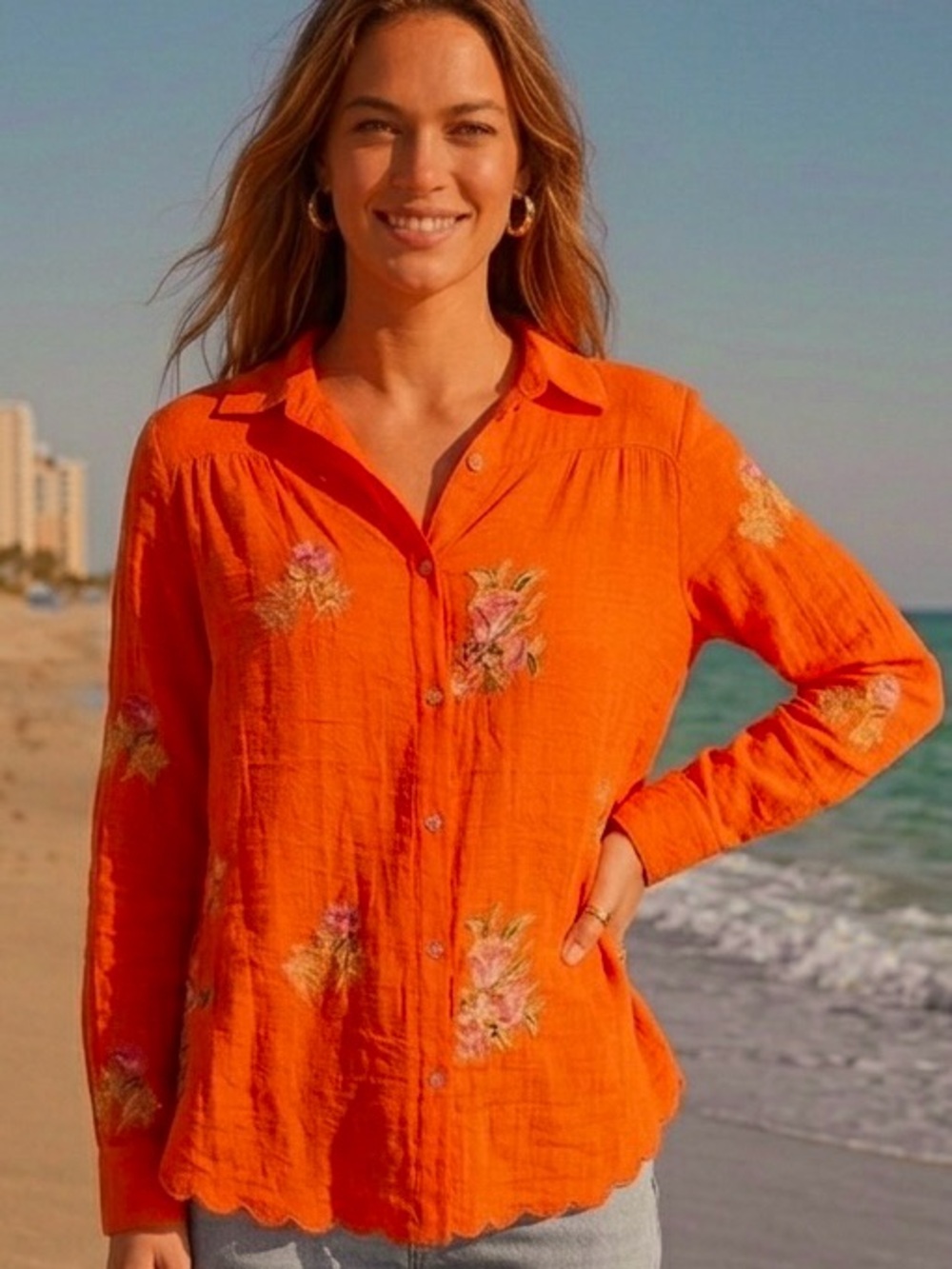 Figueroae & Flower a beautiful color of Orange Floral embroidery Button Down